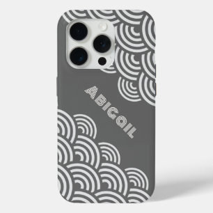Coque Case-Mate iPhone Cercles tourbillonnants et nom en blanc sur gris