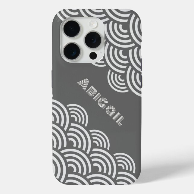 Coques Case-Mate iPhone Cercles tourbillonnants et nom en blanc sur gris (Verso)