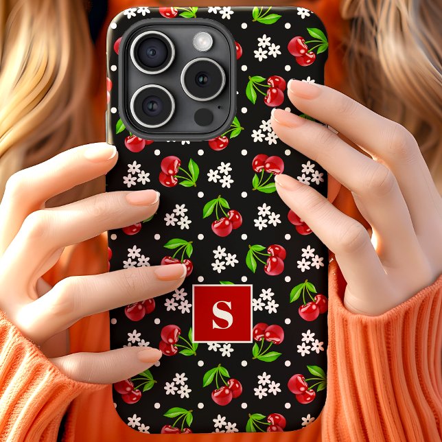Coques Case-Mate iPhone Cerises à pois floraux mignons Monogramme noir (Créateur téléchargé)