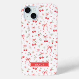 Coque Case-Mate iPhone Cerises avec nœuds coquettes rouges monogrammées