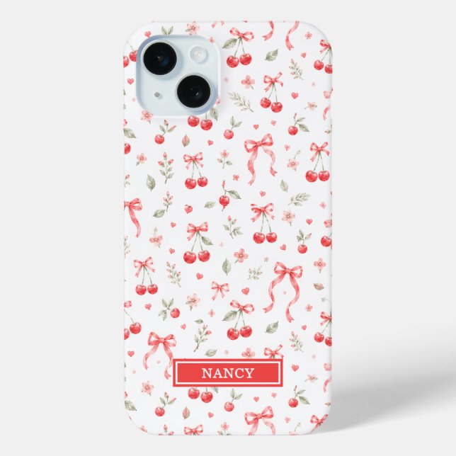 Coques Case-Mate iPhone Cerises avec nœuds coquettes rouges monogrammées (Verso)