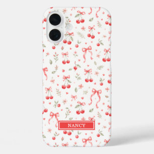 Coque Pour iPhone 16 Plus Cerises avec rubans coquettes rouges monogrammées