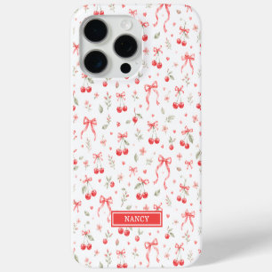 Coque Case-Mate iPhone Cerises avec rubans coquettes rouges monogrammées