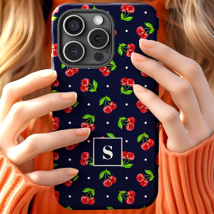 Coque Case-Mate iPhone Cerises Jolies à Points sur Monogramme Navy