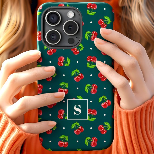 Coques Case-Mate iPhone Cerises Jolies à Points sur Monogramme Sarcelle (Créateur téléchargé)