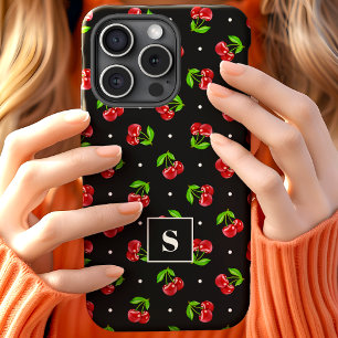Coque Case-Mate iPhone Cerises Mignonnes à pois sur Monogramme Noir