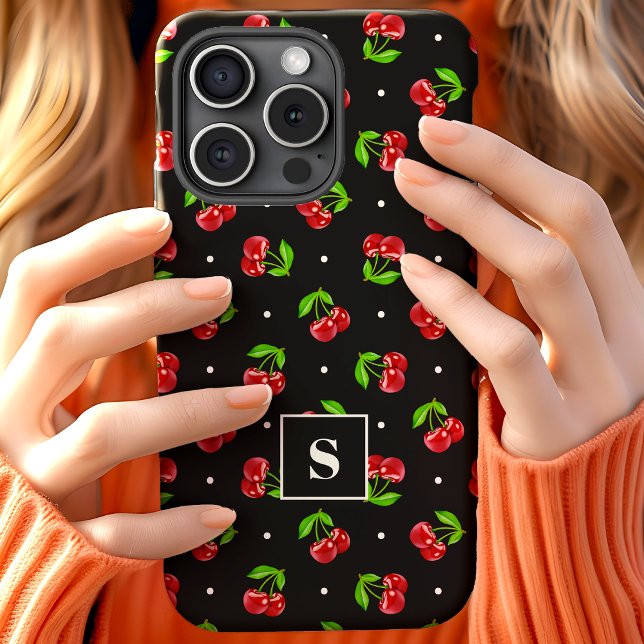 Coques Case-Mate iPhone Cerises Mignonnes à pois sur Monogramme Noir (Créateur téléchargé)