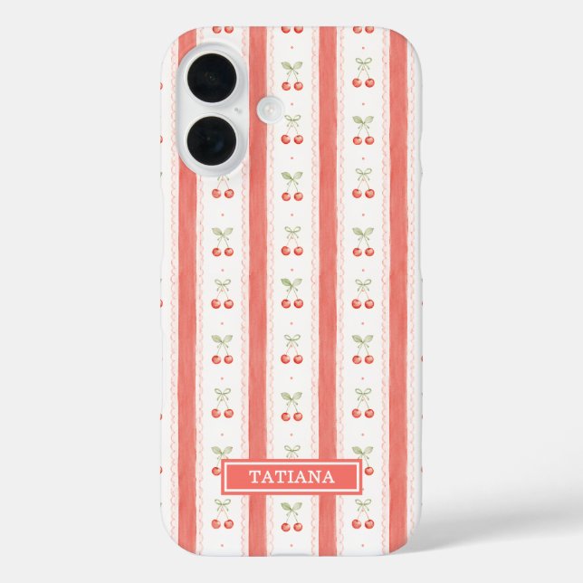 Coques Case-Mate iPhone Cerises Monogrammées à Rayures Aquarelle (Verso)