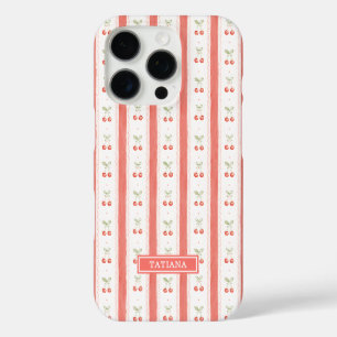 Coque iPhone 16 Pro Cerises Monogrammées à Rayures Aquarelle