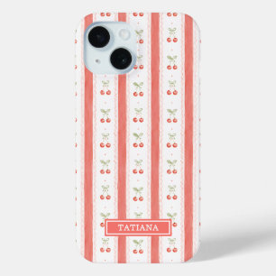 Coque Case-Mate iPhone Cerises Monogrammées à Rayures Aquarelle