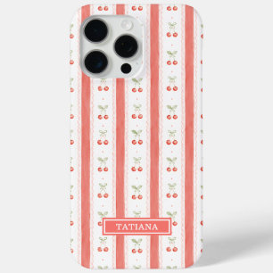 Coque Case-Mate iPhone Cerises Monogrammées Aquarelle Rayées