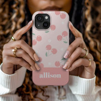 Cerises roses Retro Nom personnalisé Monogramme