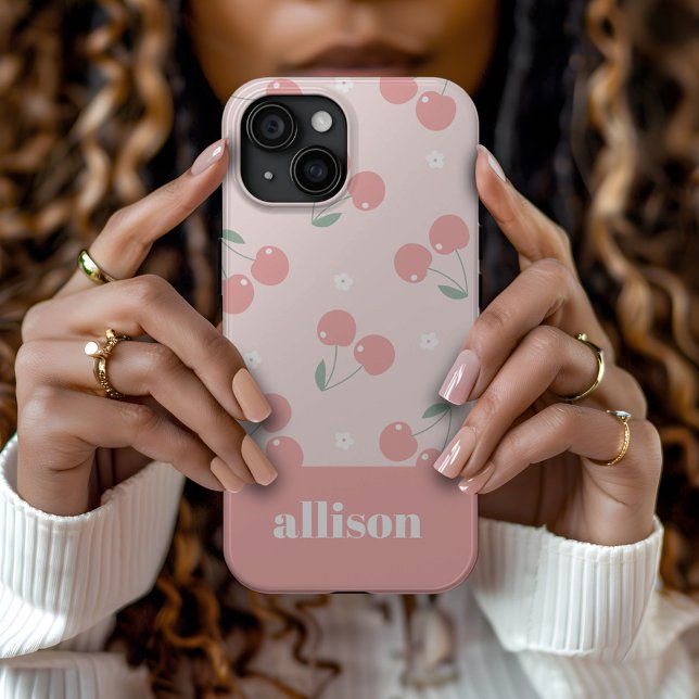 Coques Case-Mate iPhone Cerises roses Retro Nom personnalisé Monogramme (Créateur téléchargé)