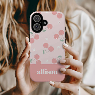 Coque Pour iPhone 16 Cerises roses Retro Nom personnalisé Monogramme