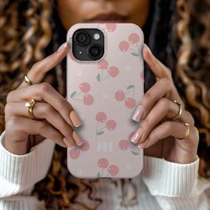 Coque Case-Mate iPhone Cerises roses Retro Nom personnalisé Monogramme