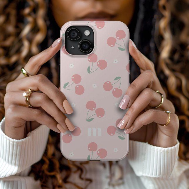 Coques Case-Mate iPhone Cerises roses Retro Nom personnalisé Monogramme (Créateur téléchargé)