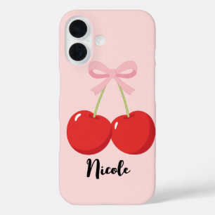 Coque Pour iPhone 16 Cerises Rouges avec Nœud Rose Coquette Cottage Chi