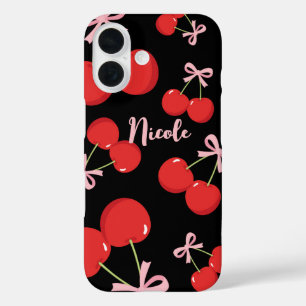 Coque Pour iPhone 16 Cerises Rouges avec Nœud Rose Coquette Cottage Chi