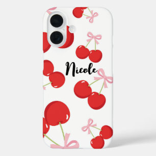 Coque Pour iPhone 16 Cerises Rouges avec Nœud Rose Cottage Chic Coquett