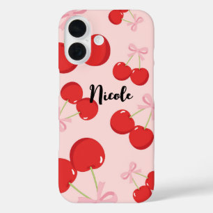 Coque Pour iPhone 16 Cerises Rouges avec Ruban Rose Coquette Cottage Ch
