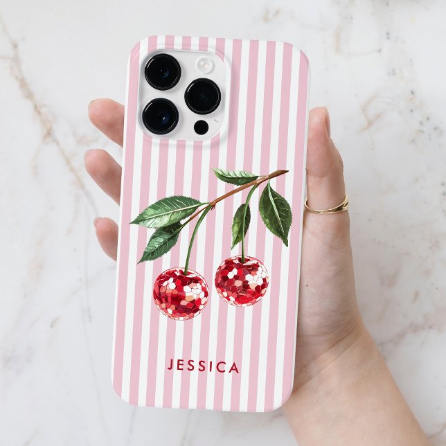 Coques Case-Mate iPhone Cerises Rouges Modernes Rayures Roses Nom Personna (Modern Red Cherries Pink Stripes Personalized Name Case-Mate iPhone Case)