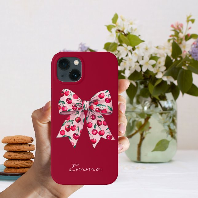 Coques Case-Mate iPhone Cerises sur Pink Bow, mignonne, Moderne, Aquarelle (Créateur téléchargé)