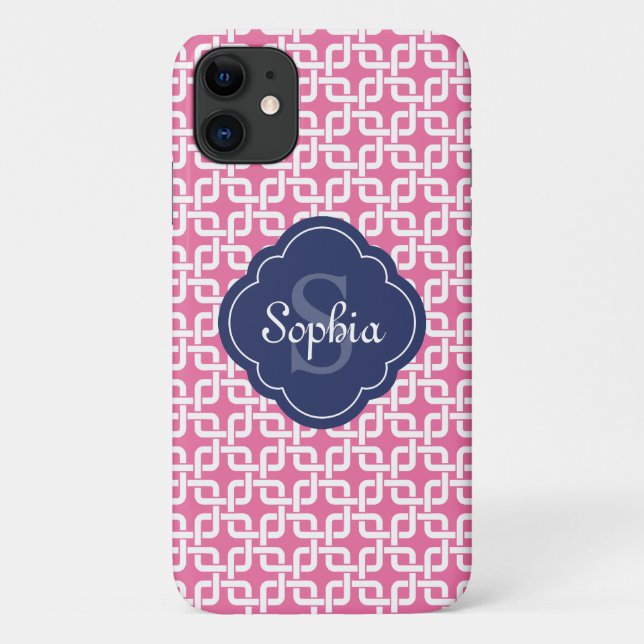 Coques Case-Mate iPhone Chaîne Carré rose Motif bleu Monogramme (Dos)