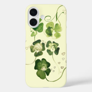 Coque Pour iPhone 16 CHALEUREUSES SHAMROCKS VERTS AVEC COEURS Monogramm