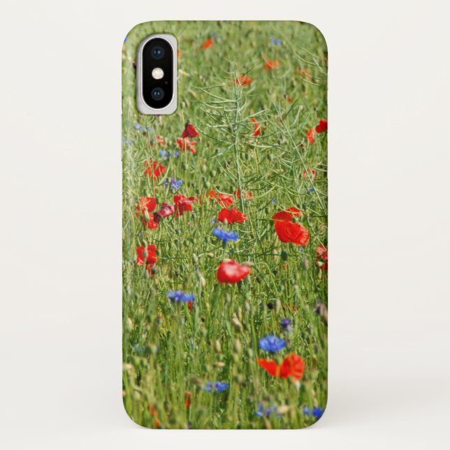 Coques Case-Mate iPhone Champ d'été avec des fleurs rouges et bleues (Dos)