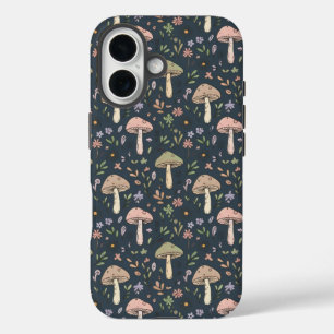 Coque Pour iPhone 16 Champignons Bleu Ardoise Profond Motif Sans Coutur