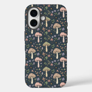 Coque Pour iPhone 16 Champignons Bleu Ardoise Profond Motif Sans Coutur