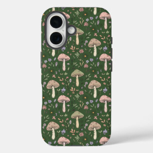 Coque Pour iPhone 16 Champignons Vert Chasseur Sombre Sans Couture Fore