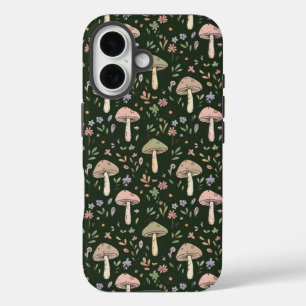 Coque Pour iPhone 16 Champignons Vert Olive Terreux Motif Sans Couture