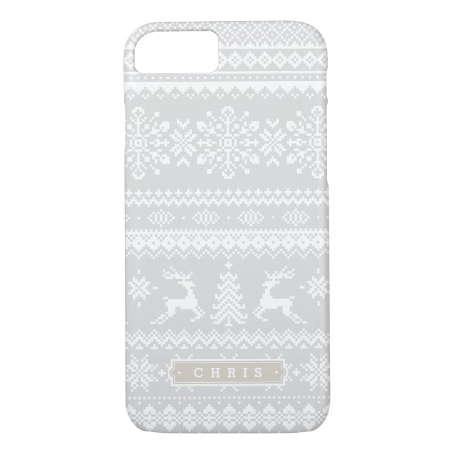 Coques Case-Mate iPhone Chandail de Noël gris clair motif monogramme (Dos)