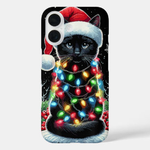 Coque Pour iPhone 16 Chapeau de Santa Noël Chat Noir Drôle de Chat