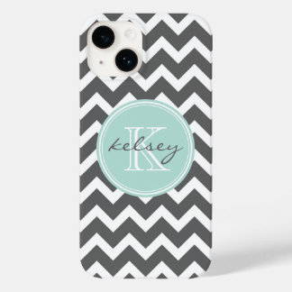 Coque Case-Mate iPhone Charcoal Grey et menthe Chevron Custom Monogram