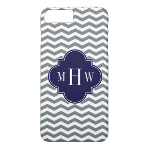 Coque iPhone 7 Plus Charcoal Thin Chevron Navy Quatrefoil 3 Monogramme