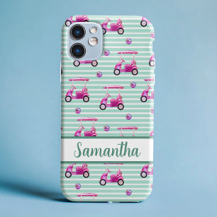 Coque Pour iPhone 16 Chariots de golf roses Turquoise rayé Personnalisé