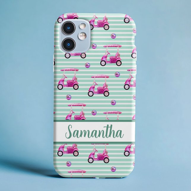 Coques Case-Mate iPhone Chariots de golf roses Turquoise rayé Personnalisé (Créateur téléchargé)