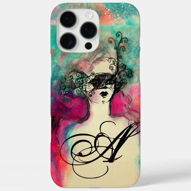 Coques Case-Mate iPhone CHARM /Dame au Masque Monogramme Rose Turquoise Ve (Verso)