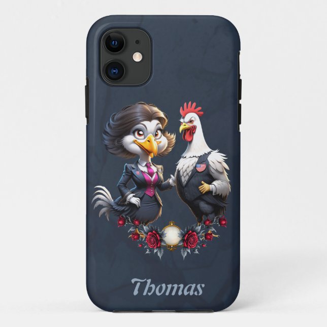 Coques Case-Mate iPhone Charmant couple de poulets caricaturaux. (Dos)