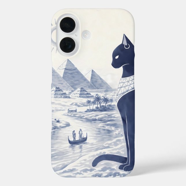 Coques Case-Mate iPhone Chat Bastet égyptien antique et Pyramides Bleu  (Verso)