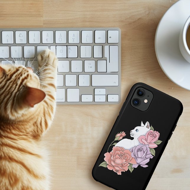 Coques Case-Mate iPhone Chat Blanc Pastel Floral Noir Botanique Romantique (Créateur téléchargé)