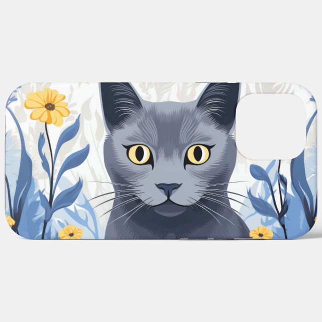 Coques Case-Mate iPhone Chat Bleu Russe Fleurs Jaunes (Verso (horizontal))