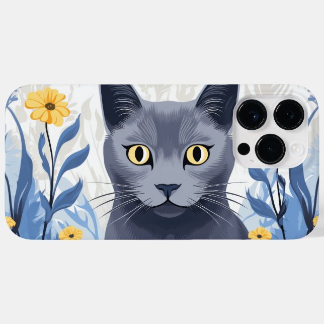 Coques Case-Mate iPhone Chat Bleu Russe Fleurs Jaunes (Verso (horizontal))