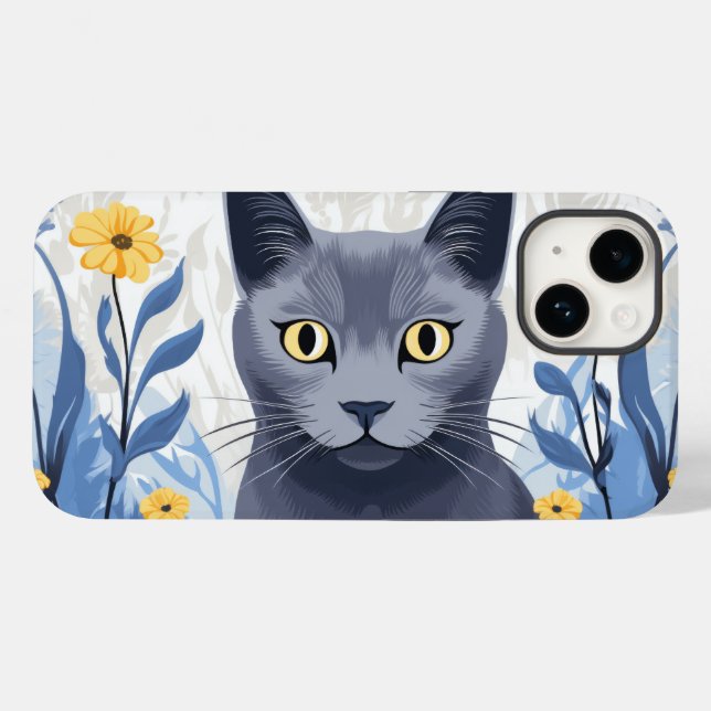 Coques Case-Mate iPhone Chat Bleu Russe Fleurs Jaunes (Verso (horizontal))