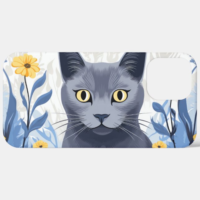 Coques Case-Mate iPhone Chat Bleu Russe Fleurs Jaunes (Retour (horizontal))