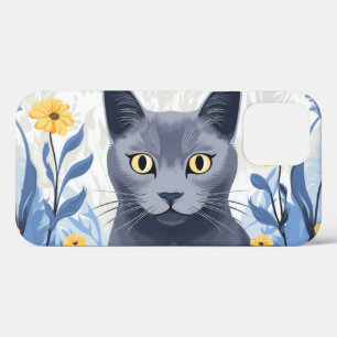 Case-Mate iPhone Case Chat Bleu Russe Fleurs Jaunes