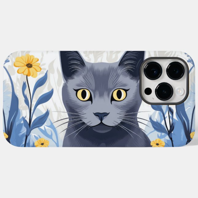Coques Case-Mate iPhone Chat Bleu Russe Fleurs Jaunes (Verso (horizontal))