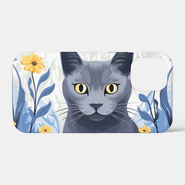Coques Case-Mate iPhone Chat Bleu Russe Fleurs Jaunes (Verso (horizontal))